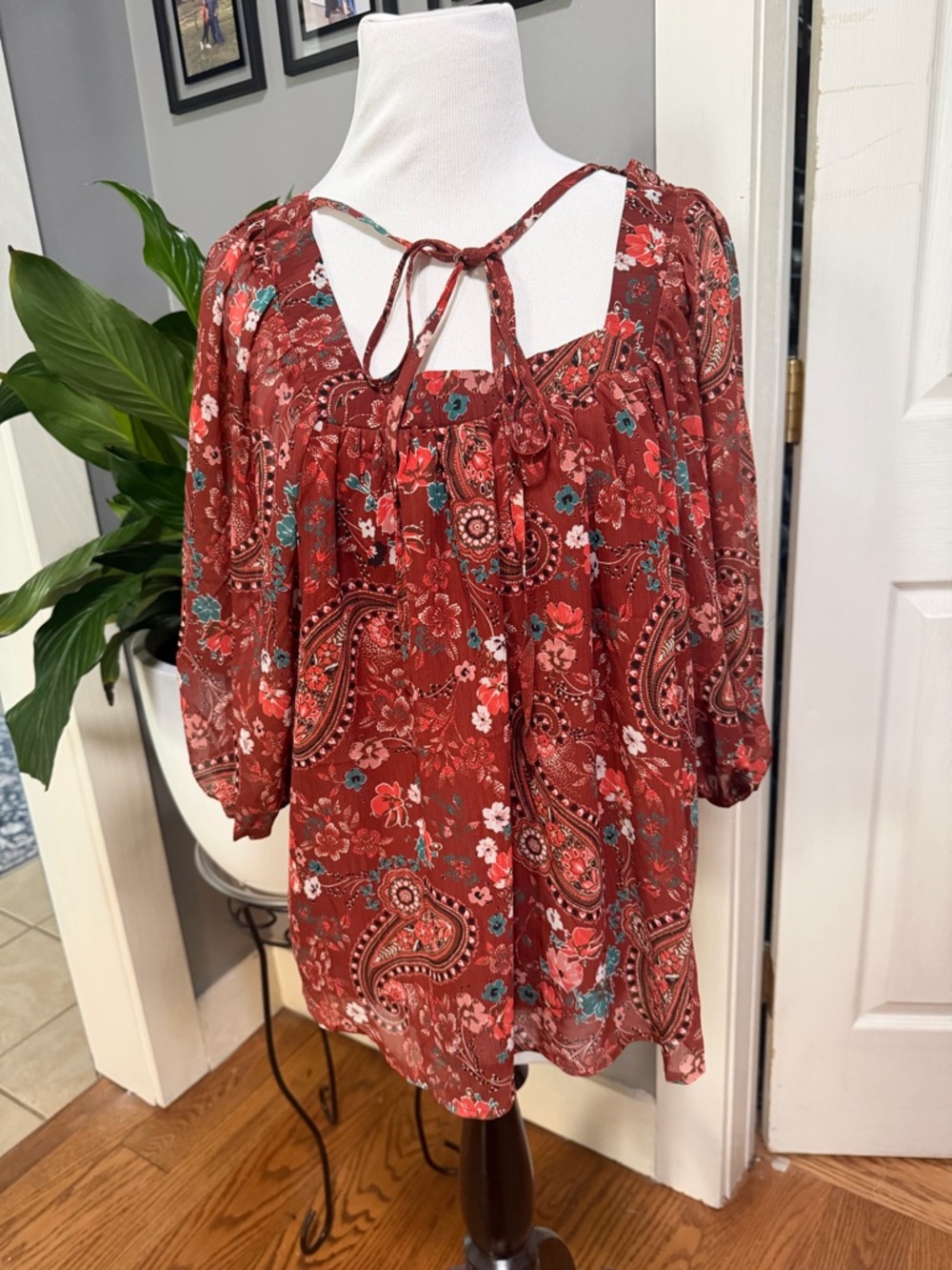 miami Rust Paisley Floral Puff-Sleeve Top